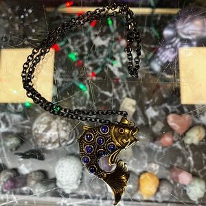 Gold and Blue Fish Pendant Necklace